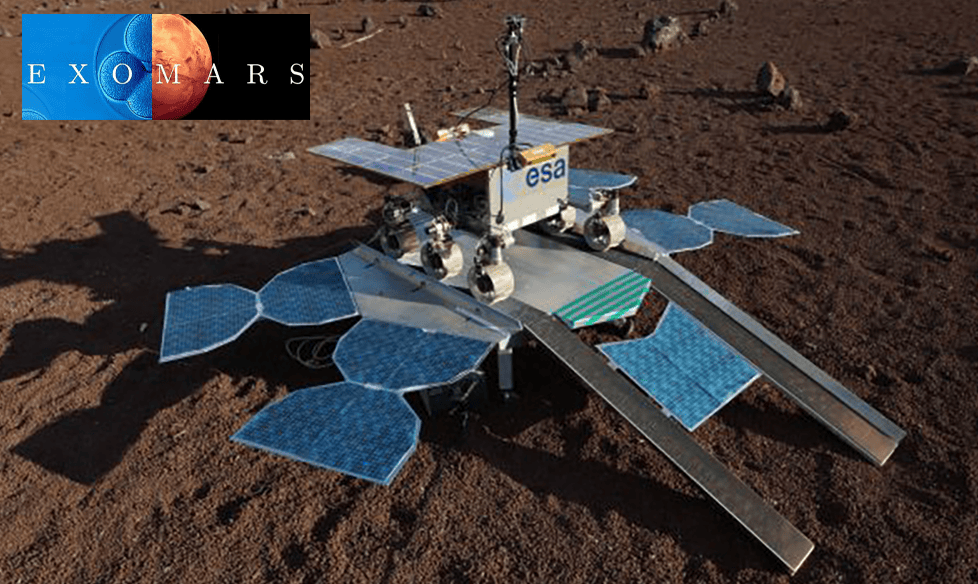 ExoMars rover with solar panels on Mars, part of space exploration technology.