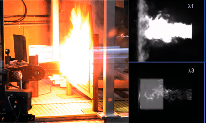 Infrared thermal imaging of aircraft parts during high-temperature testing for durability analysis.