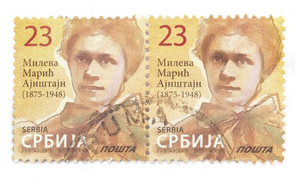 Vintage Serbia stamp featuring Mileva Marić, early 20th-century scientist and mathematician.