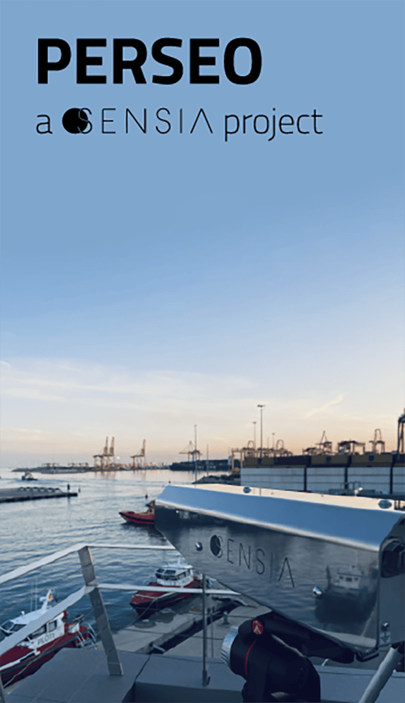 SENSIA's PERSEO maritime project vessel at dock with port background.