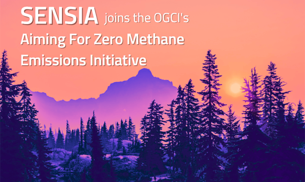 SENSIA logo over a mountain landscape at sunset, supporting zero methane emissions goals.