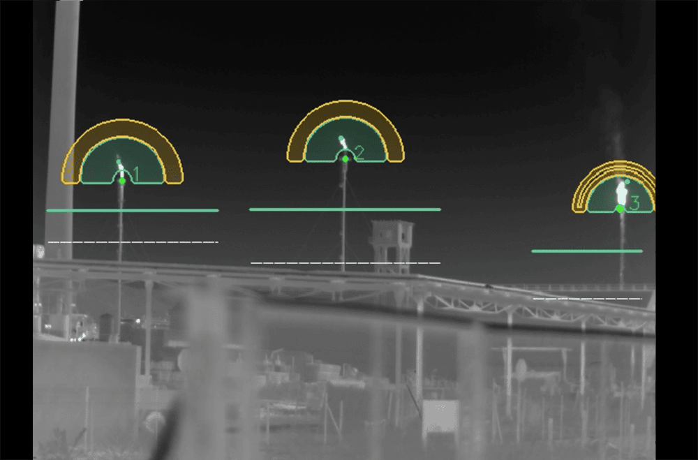 Infrared camera monitoring flare stack for safety and emissions control.