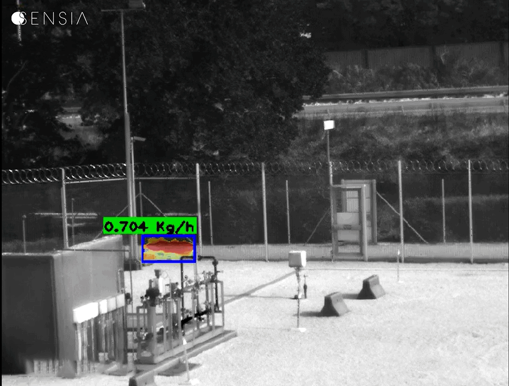 Gas leak detection and quantification at industrial site with digital display.