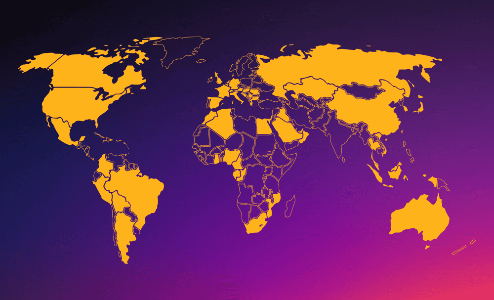 World map highlighting global connectivity and data solutions by Sensia.
