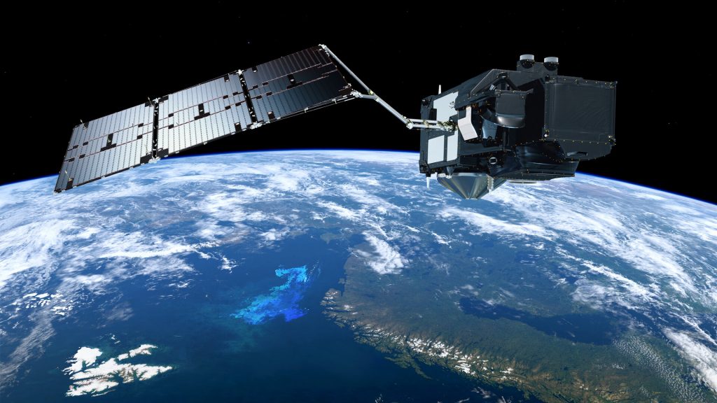 Satellite in space monitoring Earth for defense and security applications.